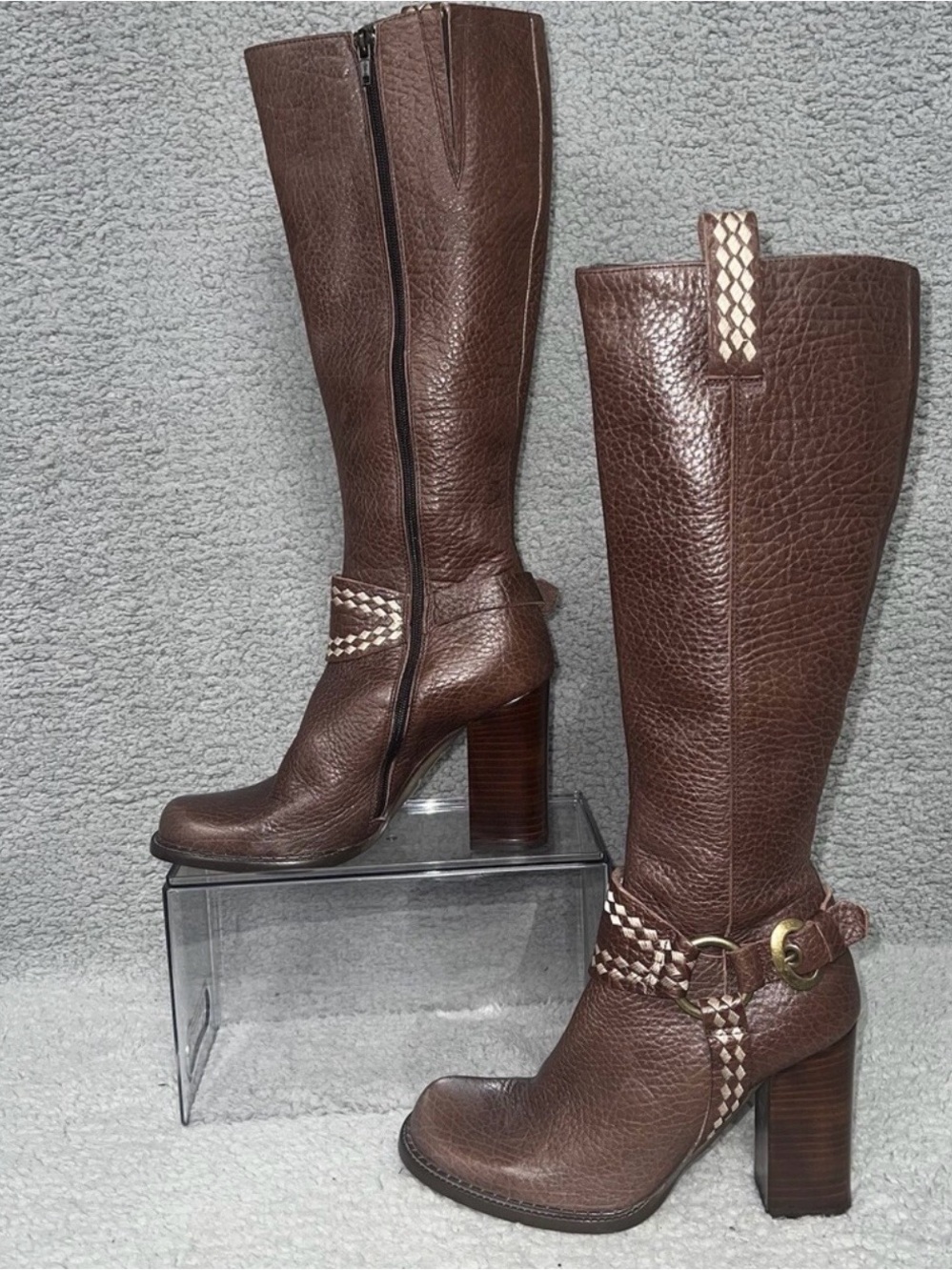 Charles David Brown Leather Mid-Calf Block Heel Riding Boots